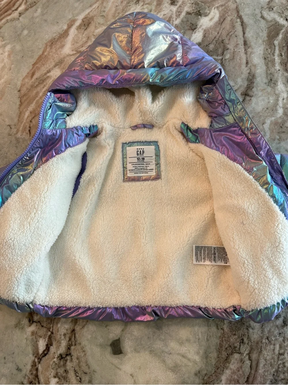 Gap Baby Iridescent Puffer Jacket Sherpa Lined Cold Control Purple Hoodie 12-18M